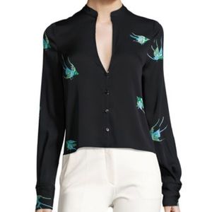 Diane Von Furstenberg Bird-Print Silk V-Neck Top Button up Size 4
